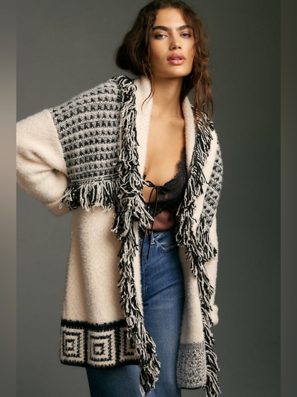 Cozy Ivory & Black Fringe Knit Cardigan Sweater